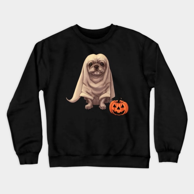 Spooky Halloween Ghost Puppy Fluffy French Bulldog Puppy with Pumpkin Crewneck Sweatshirt by Mochabonk